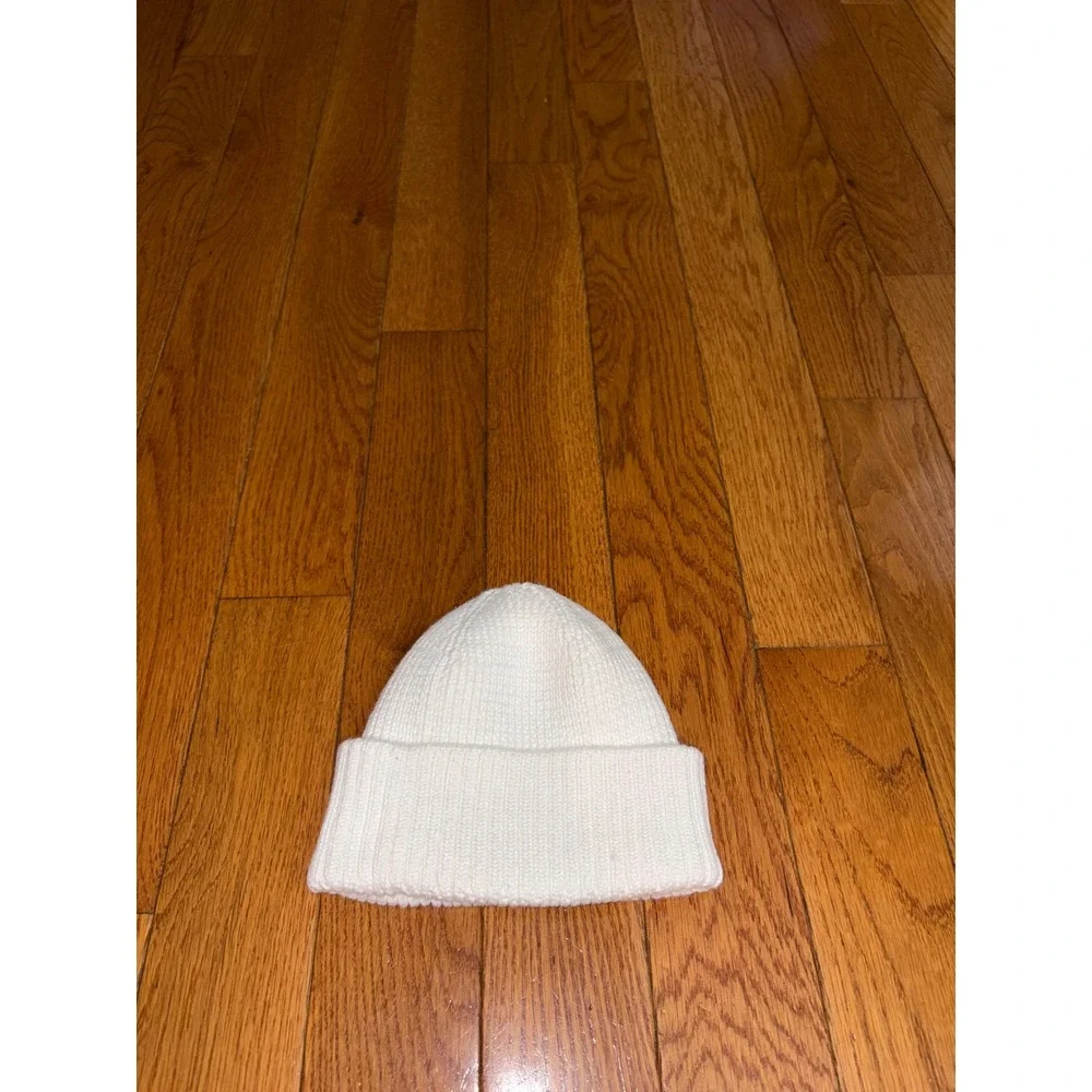 Adidas Kids White Ribbed Knit Beanie Hat OSFW Recycled Polyester Logo Patch